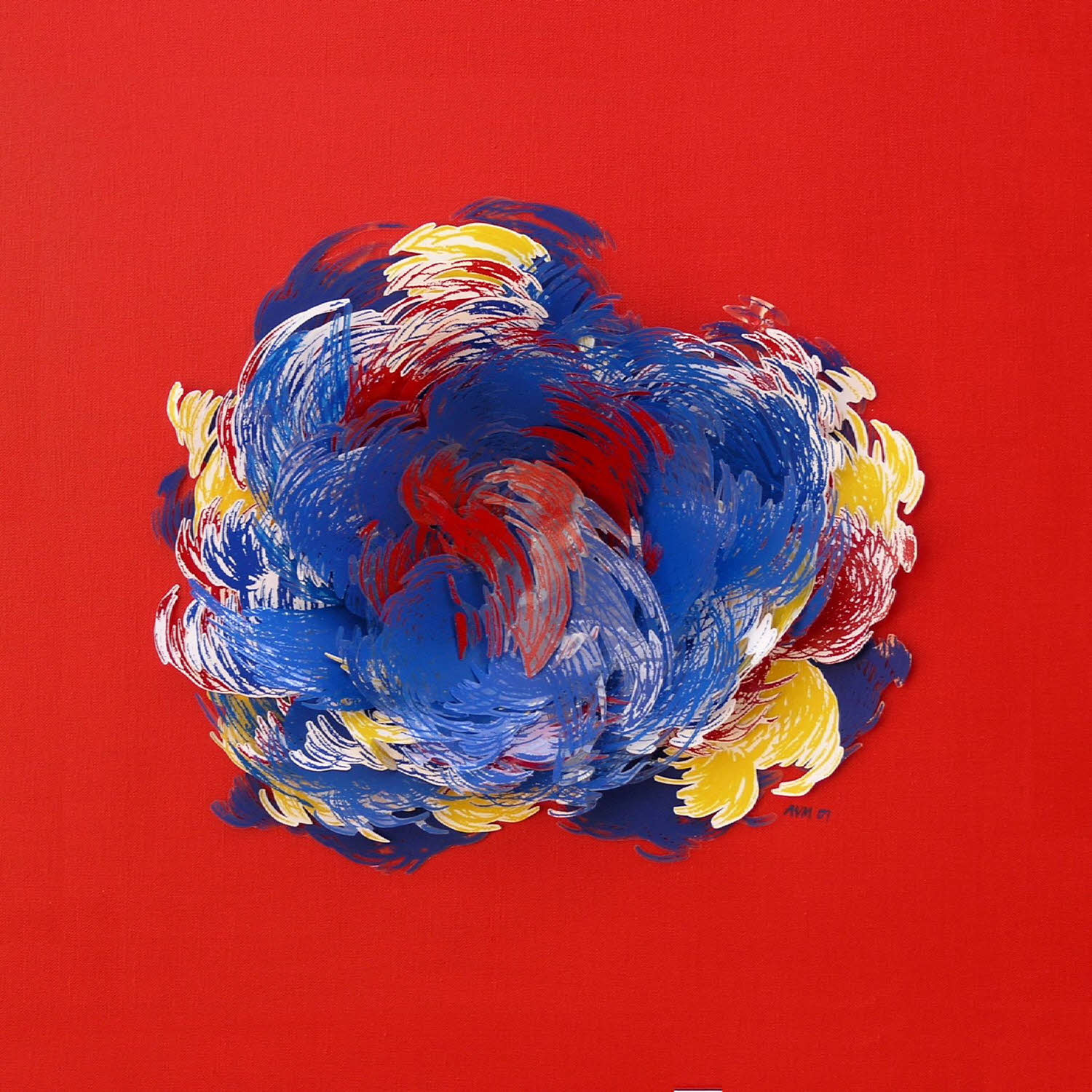 Blue-Mix on Red, 2007, silkscreen collage, 20x20 inches
