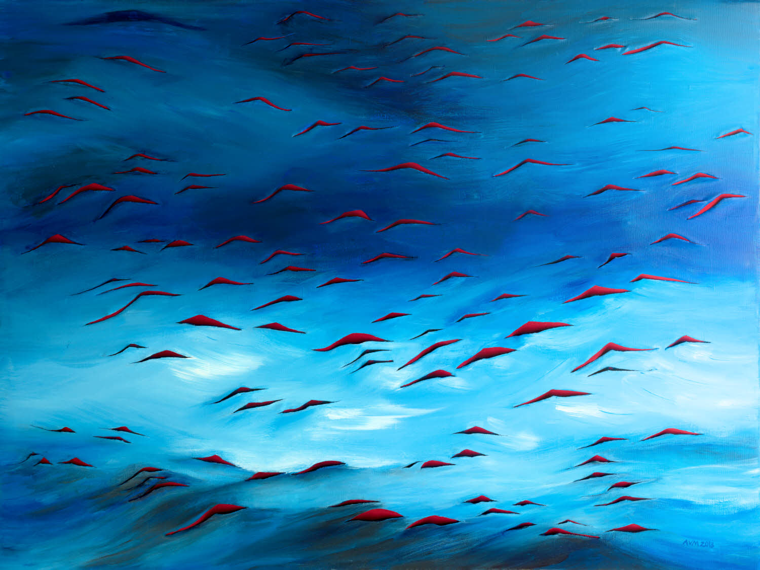 Blue White Red, 2013, acrylic on canvas with red background, 30x40 inches