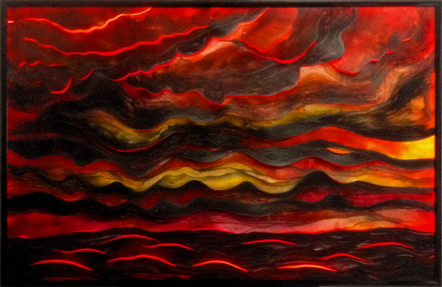 Cloudburst Sunset with LED lights, 2012, acrylic, graphite on cut synthetic paper, 26x40 inches