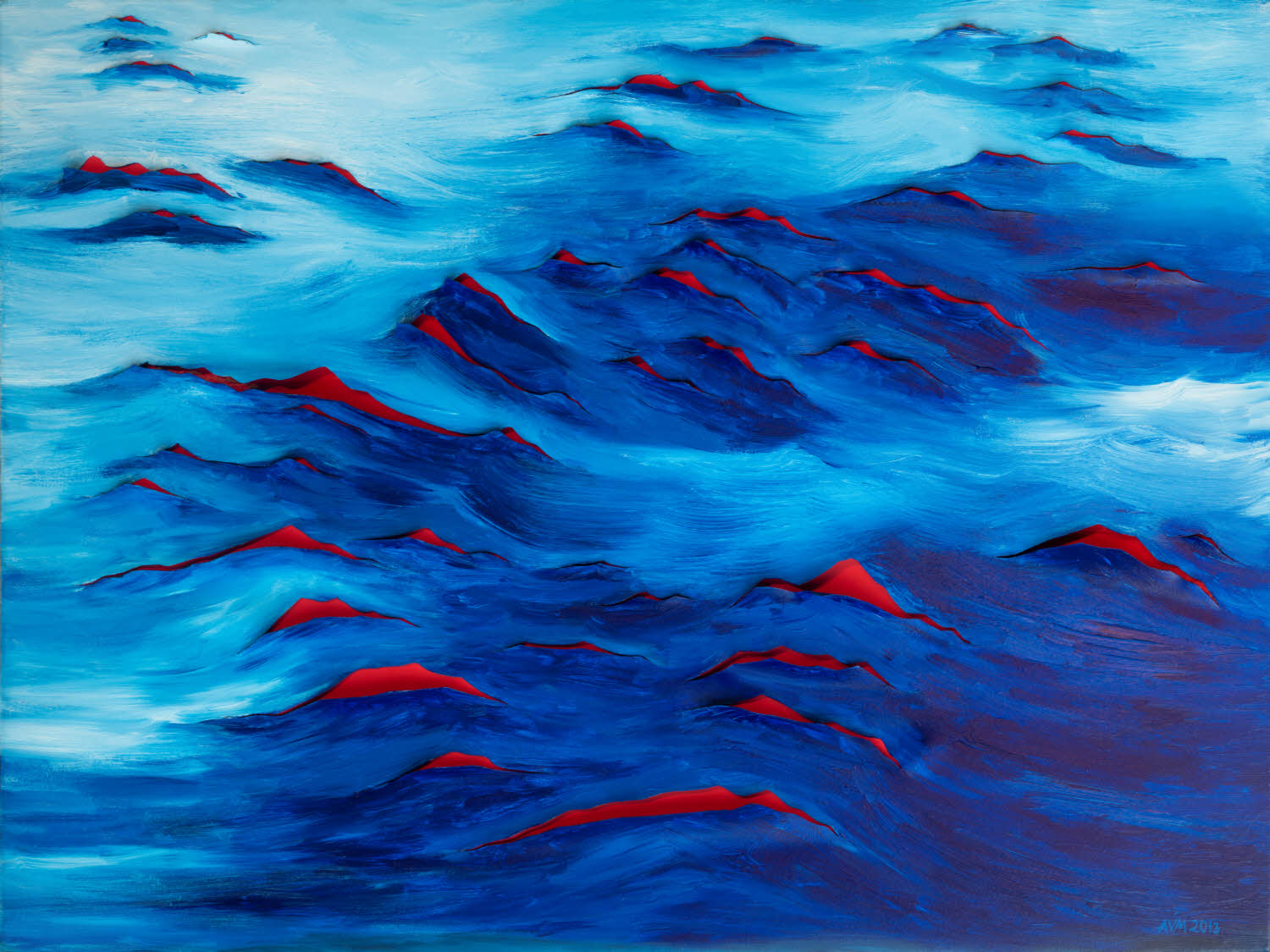 Dark Blue Red, 2013, acrylic on cut canvas with red background, 40x30 inches