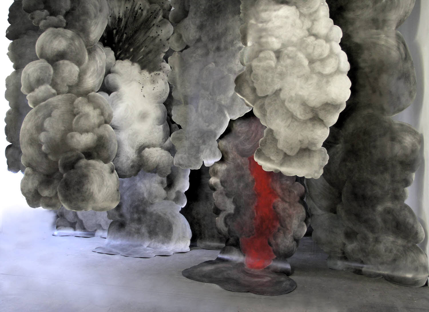 In Time in Between Smoke-Volcano, 2003-2004, graphite, pastel, synthetic paper, 640x480 inches, 10 panels, Berliner Kunstproject, Berlin, 2005