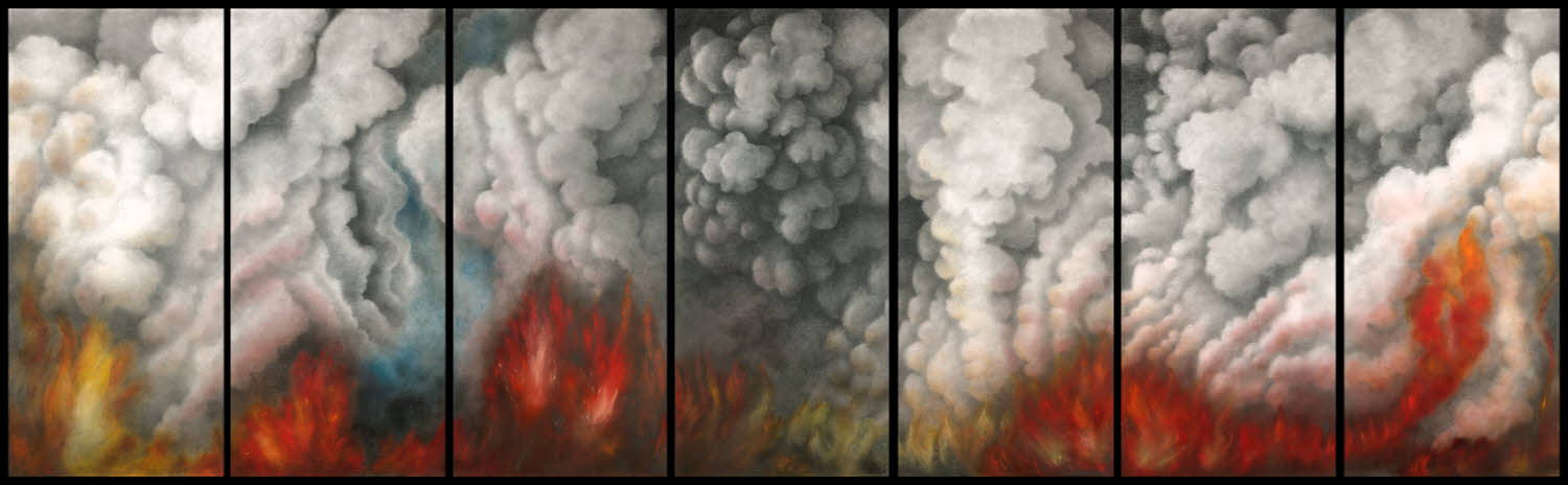 Metamorphoses-Fire, 2001, graphite, pastel, on texture paper, 64x210 inches, 7 panels