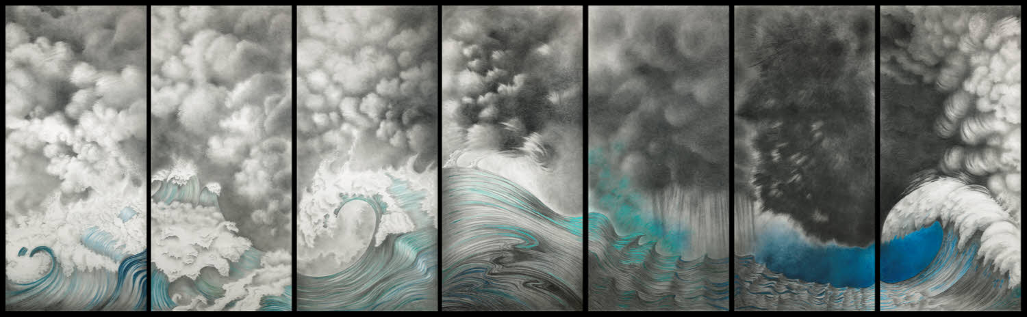 Metamorphoses-Water, 1999, graphite, pastel, on texture paper, 64x210 inches, 7 panels