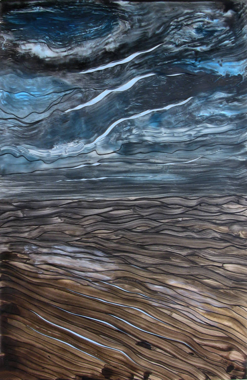 Shoreline with Blue, acrylic, acrylic ink on cut synthetic paper, 40x26 inche