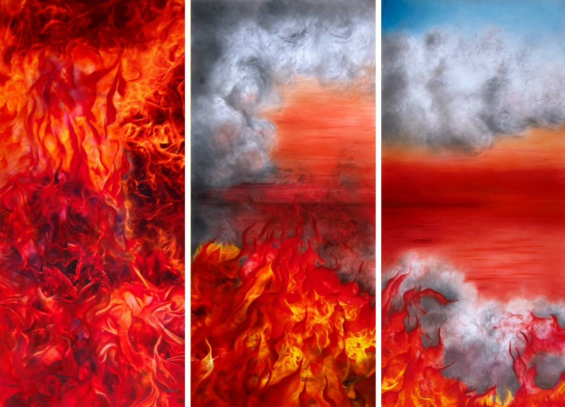 Primary Fundamentals – Blue, Yellow, Red, 2025, mixed technique on synthetic paper, nine panels, 163x74 cm each These are Gifts for Us, All People. The Trio of fundamentals that sustain life on our Earth - Water, Sun and Fire - also represent the three primary colors - Blue, Yellow and Red - that create the full spectrum. We constantly benefit from the amount of energy, support and beauty provided by and contained in each of them. We need to appreciate and understand the power of these phenomena and the impact they have on everything that happens to us. They give us life but at the same time can cause, often unexpectedly, the devastation of that life. The dualism of Mother Nature is an inseparable part of our existence, both fascinating and frightening. This motif is frequently repeated in my work.